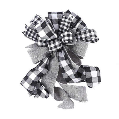 Christmas Tree Topper Bow White Black Buffalo Plaid 1 Pack