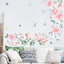 Sticker mural Fleurs roses fraîches et feuilles vertes (1 paquet)