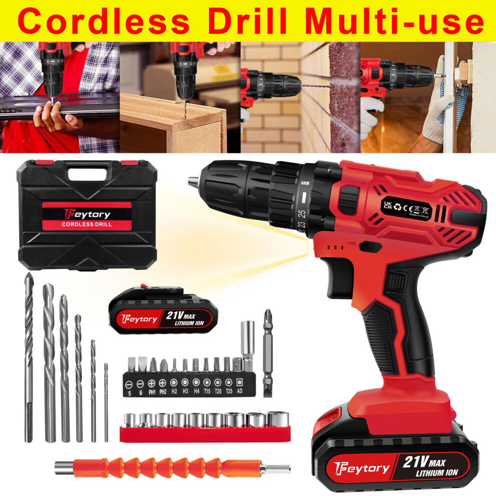 Cordless Drill Driver 21V, Electric Power Hammer Drill Set For Diy, 25+1 Torque, 45N.m, 29Pcs Accessories, 2 Speed, Led Light 727277951094