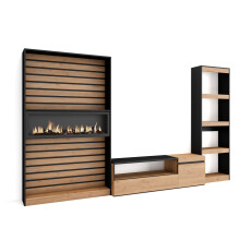Muebles de Salón para TV, Roble y negro, Chimenea eléctrica XXL