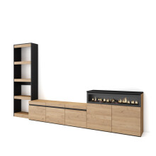 Muebles de Salón para TV, Roble y negro, Chimenea eléctrica