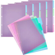 24 ark, 4-faneblade A4, plastikinddelere, farverige, løsblade med huller til bindeord, 29 x 23 cm