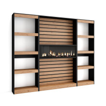 Librería estantería, Roble y negro, Chimenea eléctrica XXL