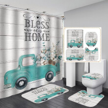 4-delige blauwe douchegordijnset met boerderijtruckmotief, vintage auto, rode schuur, schapen, rustieke decoratie, waterdicht gordijn en antislipmat,