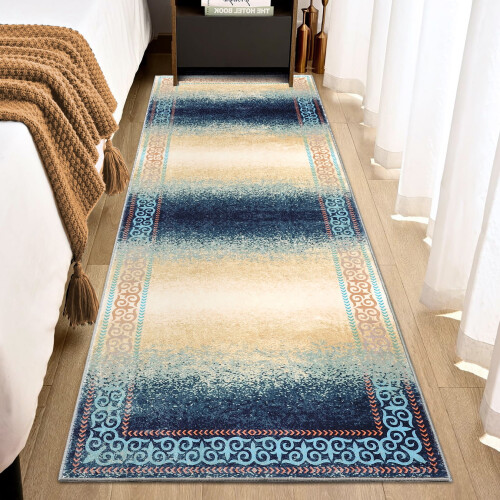Modern washable runner rug blue 2 ft x 6 ft