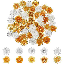 60pcs Flower Bead Caps – Brass, Gold & Silver, 10 Styles