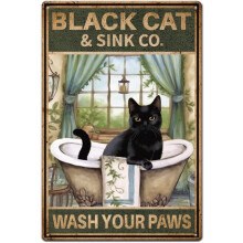 Vintage blikken bord met zwarte kat en de tekst 'Was je poten' (20x30 cm)