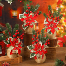 Artificial Poinsettia Arrangement with Pinecones and Holly