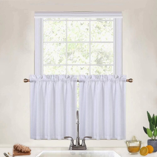 Kitchen Tier Curtains Waffle Texture Light Filtering White