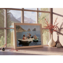 Imprimeu cu femei mâncând paste pe apă, mâncând spaghete pe lac, artă murală vintage colorată, picnic amuzant pe plutitoare, poster de 24x36