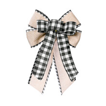 Laço xadrez preto e branco estilo búfalo para topo de árvore de Natal, guirlanda de porta, decoração de festas, 30 x 18 cm
