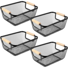 Metal Wire Baskets with Wooden Handles 4PCS Black Small