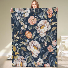 Czarny flanelowy koc z kwiatowym wzorem80x60 cali