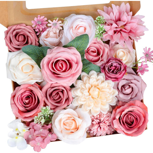 Set di fiori artificiali blu e rosa – Rose di seta e