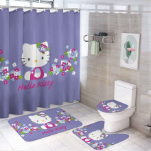 Hello Kitty 4-osainen perhesuihkuverhosetti liukumattomilla matoilla, wc-suojuksella ja kylpymatolla, mustat vedenpitävät verhot + 12 koukkua, 71 x