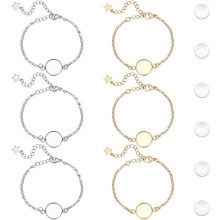 Conjunto de 10 pulseiras com engastes em aço inoxidável 304, 2 cores, com bandeja em branco, 12 mm, planas e redondas, transparentes.