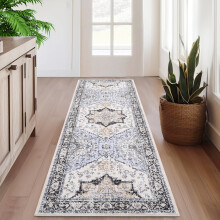 Washable Runner Rug Gray Vintage Floral 2 ft x 6 ft