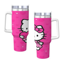 Copo térmico Hello Kitty de 1,2 litros com alça e tampa com canudo, garrafa de água isolada em aço inoxidável, caneca de viagem com porta-copos,