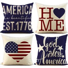 Kissenbezüge zum 4. Juli (45 x 45 cm), 4er-Set, patriotische Dekokissen zum Gedenktag, Sterne und Streifen, „God Bless America“-Dekoration