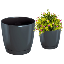 Ronde bloempot van Coubi met schotel, grafietkleurig, 13,5 x 12,5 cm
