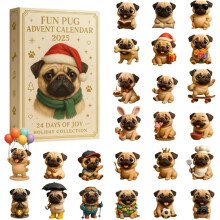 Féilire Aidbhinte Pug2025, Comhaireamh Síos Nollag 24 Lá le Ornáidí Greannmhara Madraí Pug, Maisiúcháin Aicrileach Coileáinín do Chrann,