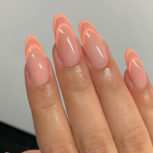 Unhas postiças médias brilhantes, formato oval, com linhas abstratas, pontas francesas, estilo amêndoa, cobertura total, em acrílico, conjunto