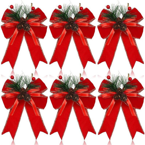 Christmas Bows Red Buffalo Plaid with Pine Cone 6 Pack