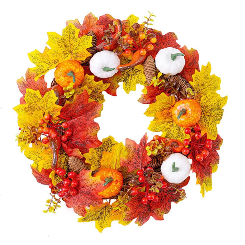 Ghirlanda autunnale da 50 cm con foglie d'acero e zucche