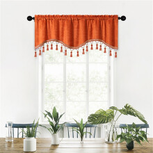 Cortinas de poliéster naranja con flecos y ribete de borlas, 59 x 16 pulgadas.