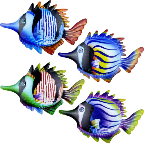 Conjunto de 4 peças de decoração de parede em ferro com peixes de boca comprida.