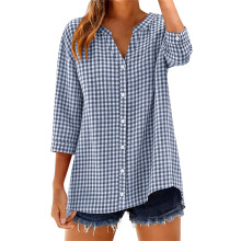 Cotton 3/4 Sleeve Button Down Shirts for Women Gingham-Blue M