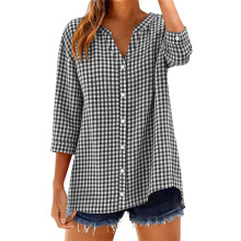 Cotton 3/4 Sleeve Button Down Shirts for Women Gingham-Black L
