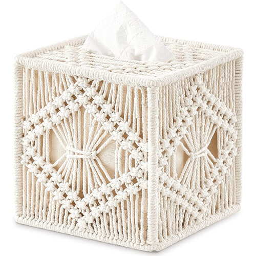 Macrame Tissue Box Cover – Square Boho Holder, 5.5 in