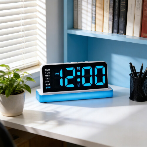Relógio digital de parede ou mesa com data, temperatura e alarme.