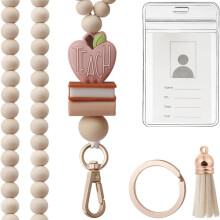 Porte-badge transparent avec cordon en perles de bois et anneau porte-clés