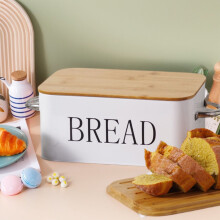 Airtight Bread Box Wooden Lid Large Metal Food Container