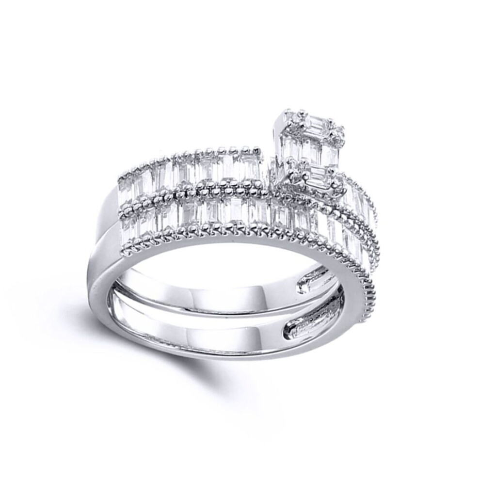 Jewelco London (P) Sterling Round & Baguette Cz Shoulder-Set Bridge Solitaire-Style Wedfit Bridal Rings Set - Arn155 Silver