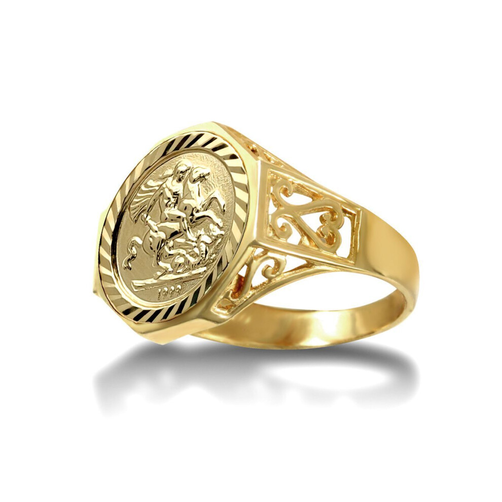Jewelco London (S) Men's Solid 9Ct Octagon Scroll St George & Dragon Medallion Ring (10Th Ounce Brittania Coin Size) - Jrn179-T-Sg Gold