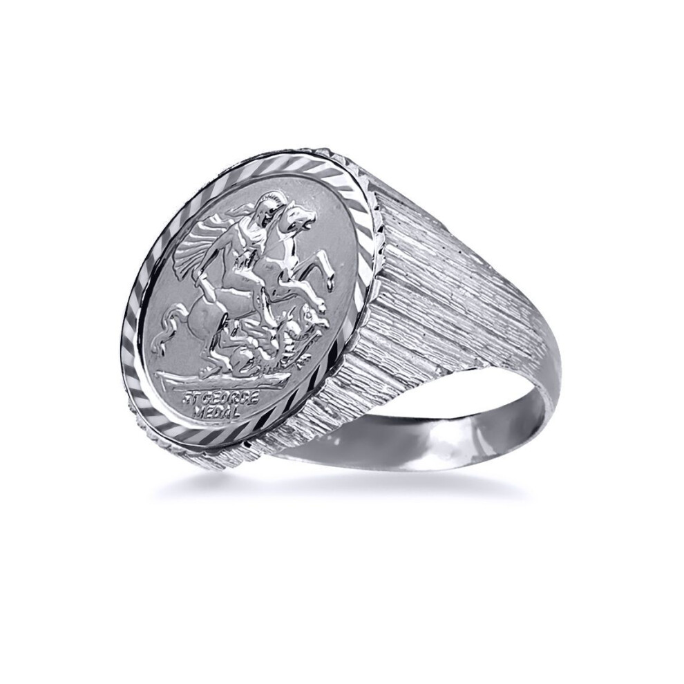 Jewelco London (R) Men's Solid 925 Ribbed Barked St George & Dragon Medallion Ring (Half Sov Size) - Arn115-H-Sg Silver