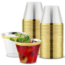 Vasos de plástico duro para fiestas con borde dorado, 255 ml (9 oz), paquete de 100 unidades