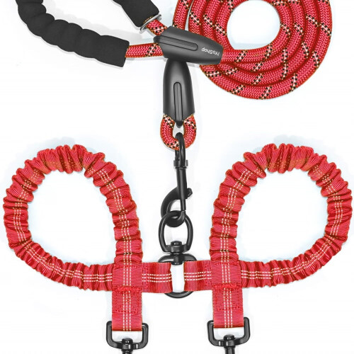 Laisse double pour chien avec pivot à 360 et élastique, grande taille