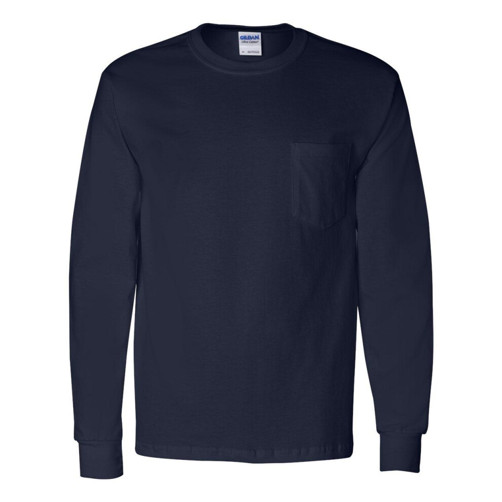 Gildan (M, Navy) Ultra Cotton Long Sleeve Pocket T-Shirt Blue,Multicoloured