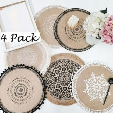 Jogo Americano Redondo Boho em Juta e Linho, Pacote com 4 Unidades de 38 cm (15 polegadas)