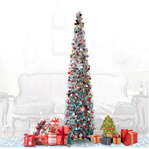 Christmas Tinsel Tree 5 Foot Collapsible Silver Sequin