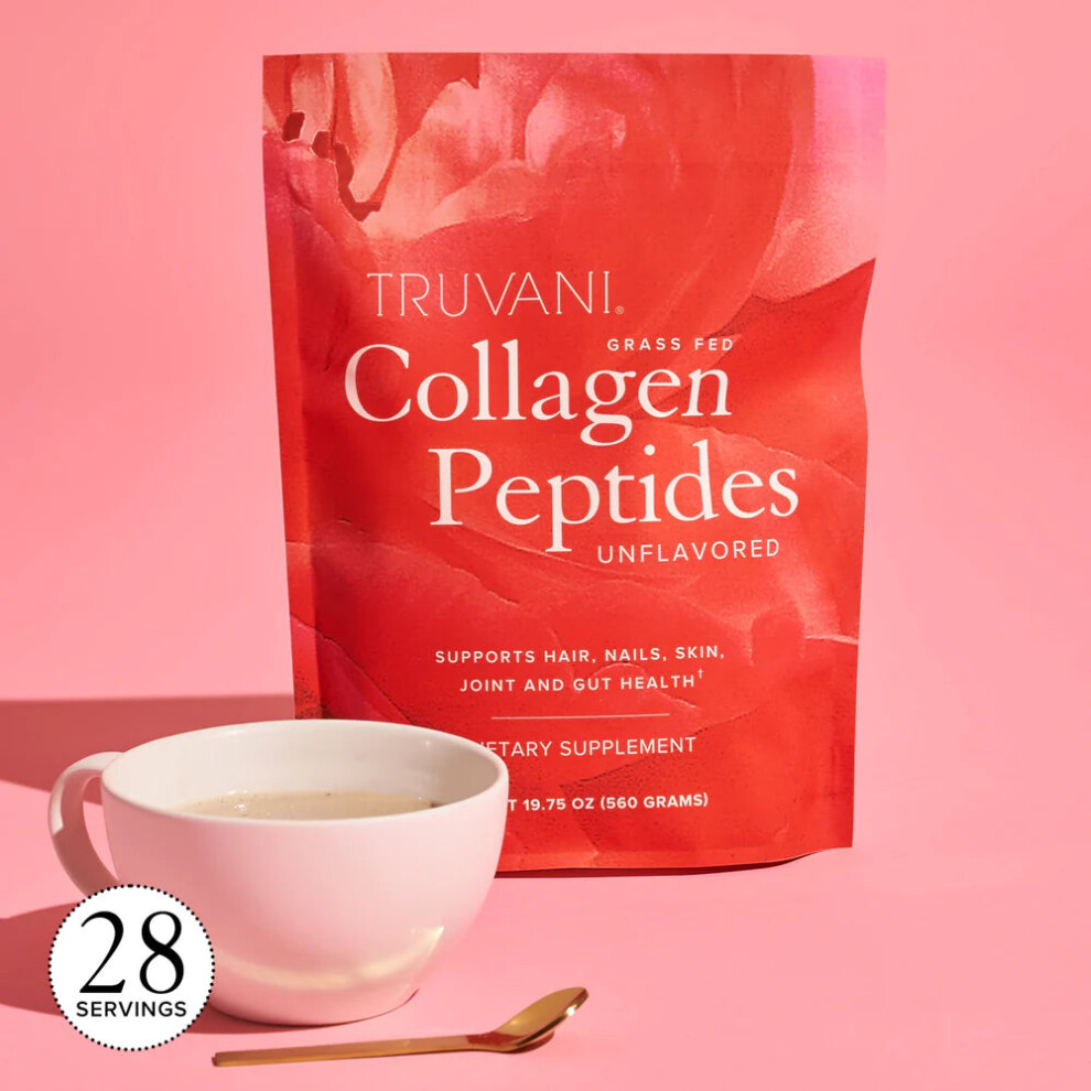 Truvani Hydrolyzed Collagen Peptides Unflavored 28 Servings 19.75Oz 560G 20G Grass-Fed Collagen Per Serving