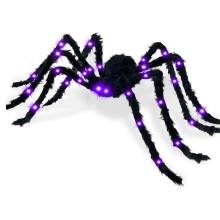 Decor de Halloween cu păianjen negru păros cu ochi LED mov, 1 buc.