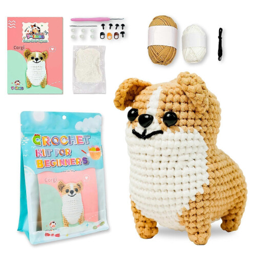 Dog Crochet Set with Video Tutorial for Beginner, Ergonomic Hook, Yarn, Craft Kit