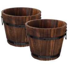 Wooden Bucket Succulent Planter Round Bonsai Flower Pot Barrel Set of 2 Brown