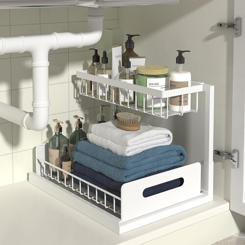 Under Sink Organizer Metal Pull-Out Shelf White