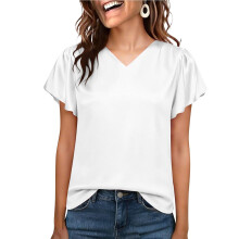 Women Silk Satin Tops Cap Short Sleeve Blouse V Neck-White XL